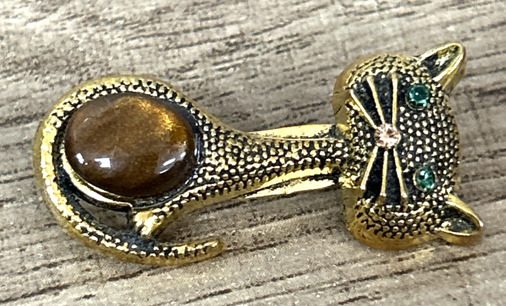 Vintage Gold Tone Cat Brooch Brown Cabochon Stone Rhinestone Kitty Pin